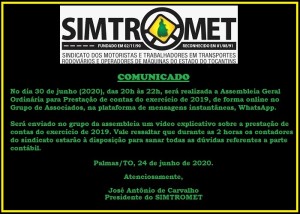 COMUNICADO - AGO - PRESTAÇÃO DE CONTAS 2019